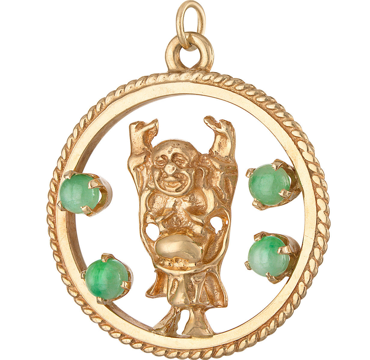 Vintage Laughing Jade Buddha Disc 14K Gold Charm
